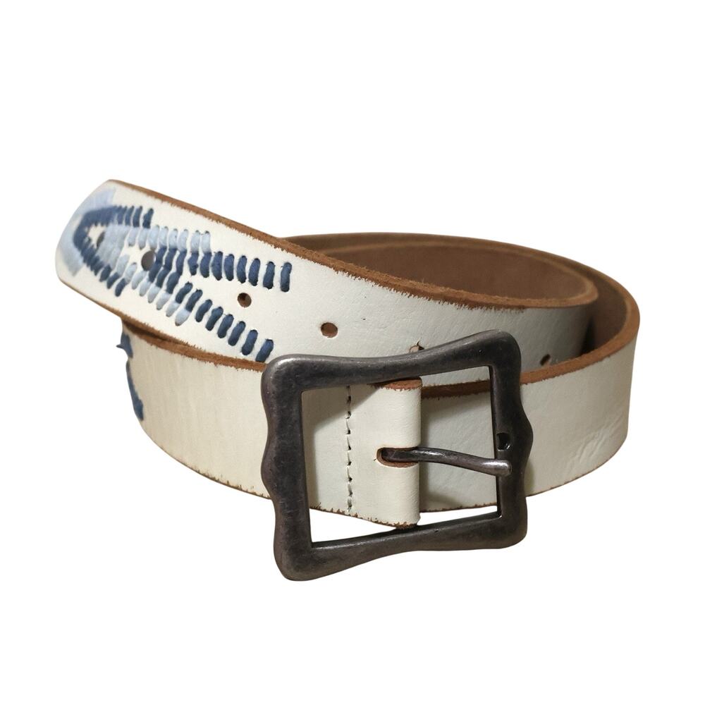 Lucky Brand Cream Blue Embroidered Leather Belt XL Southwestern Boho Coastal